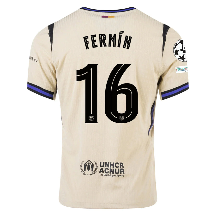 Barcelona Away Kit Fermín #16 2025/26 (Champions League) – beige and white and geometric retro football jersey front view