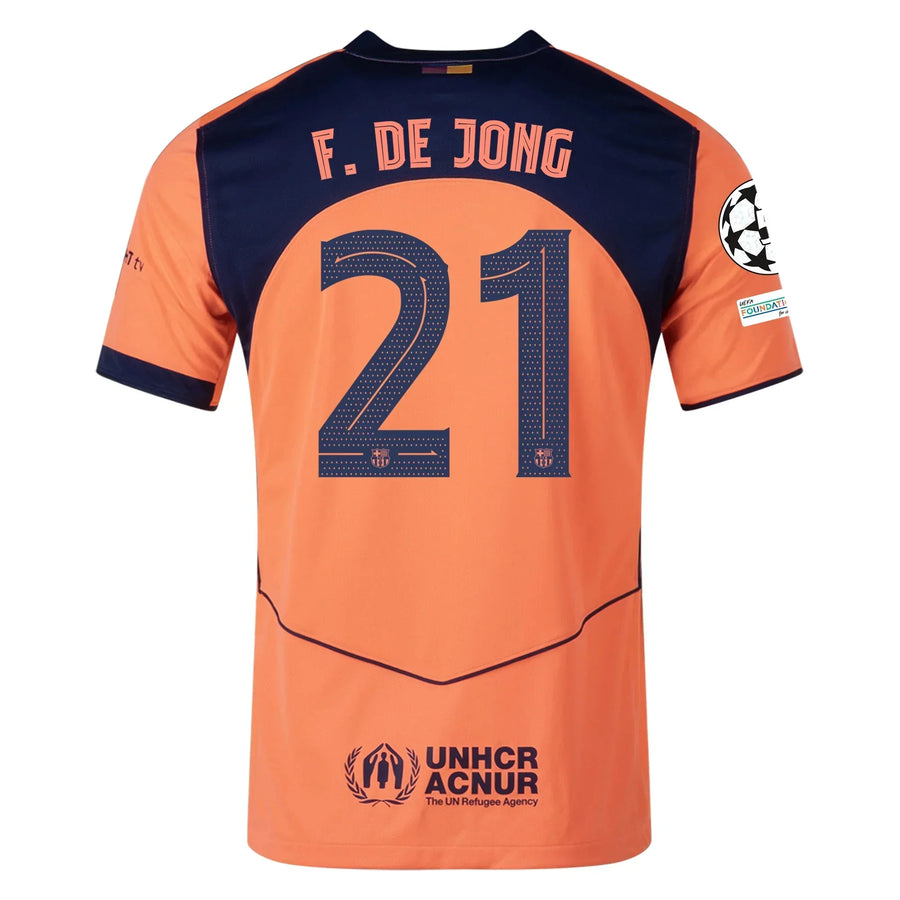 Barcelona 3rd kit F. de Jong #21 2025/26 (Champions League) – beige and orange and geometric retro football jersey front view