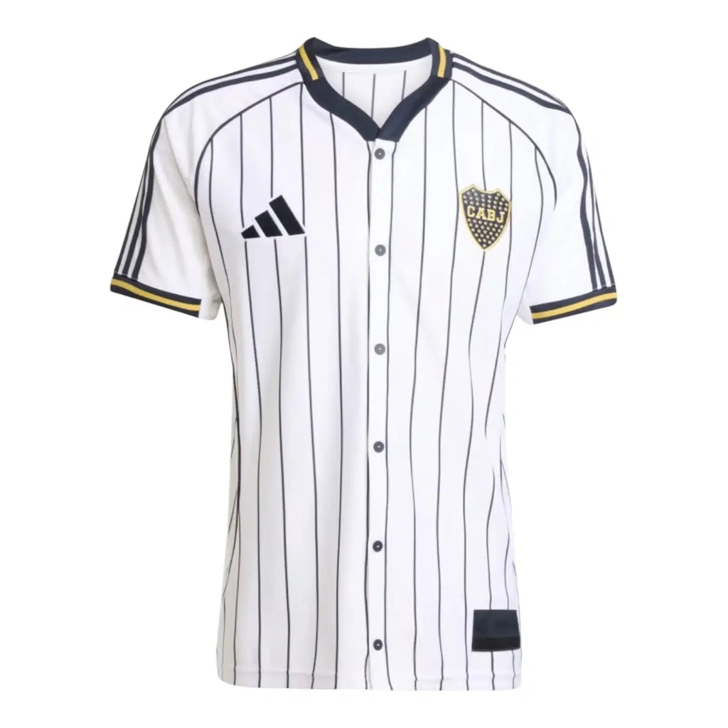 Boca Juniors Adidas Baseball Jersey – striped and navy and white retro football jersey front view
