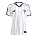 Boca Juniors Adidas Baseball Jersey – striped and navy and white retro football jersey front view