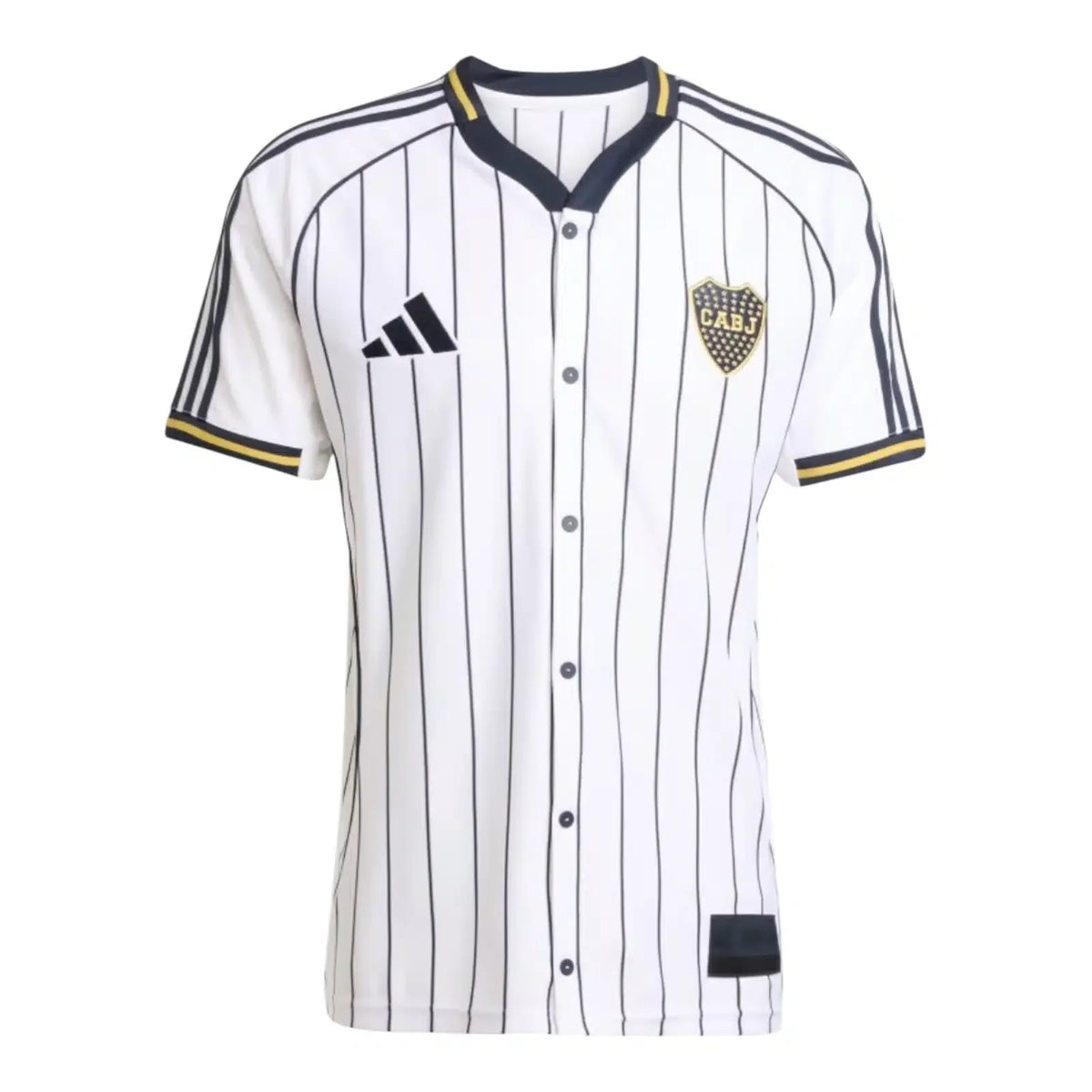 Boca Juniors Adidas Baseball Jersey – striped and navy and white retro football jersey front view