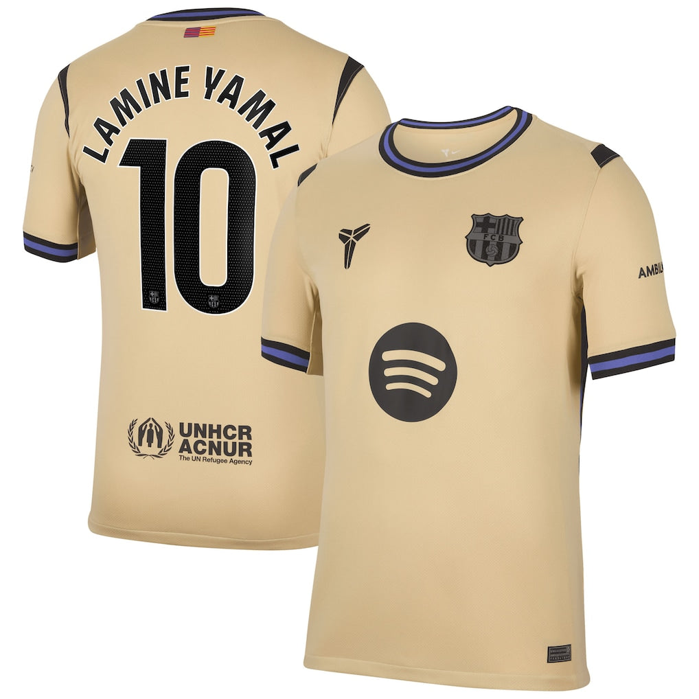 Barcelona Away Kit Lamine Yamal #10 2025/26 (La Liga) – beige retro football jersey detail view