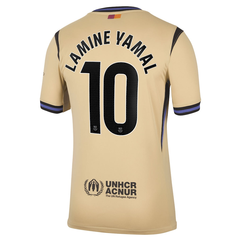 Barcelona Away Kit Lamine Yamal #10 2025/26 (La Liga) – beige retro football jersey front view