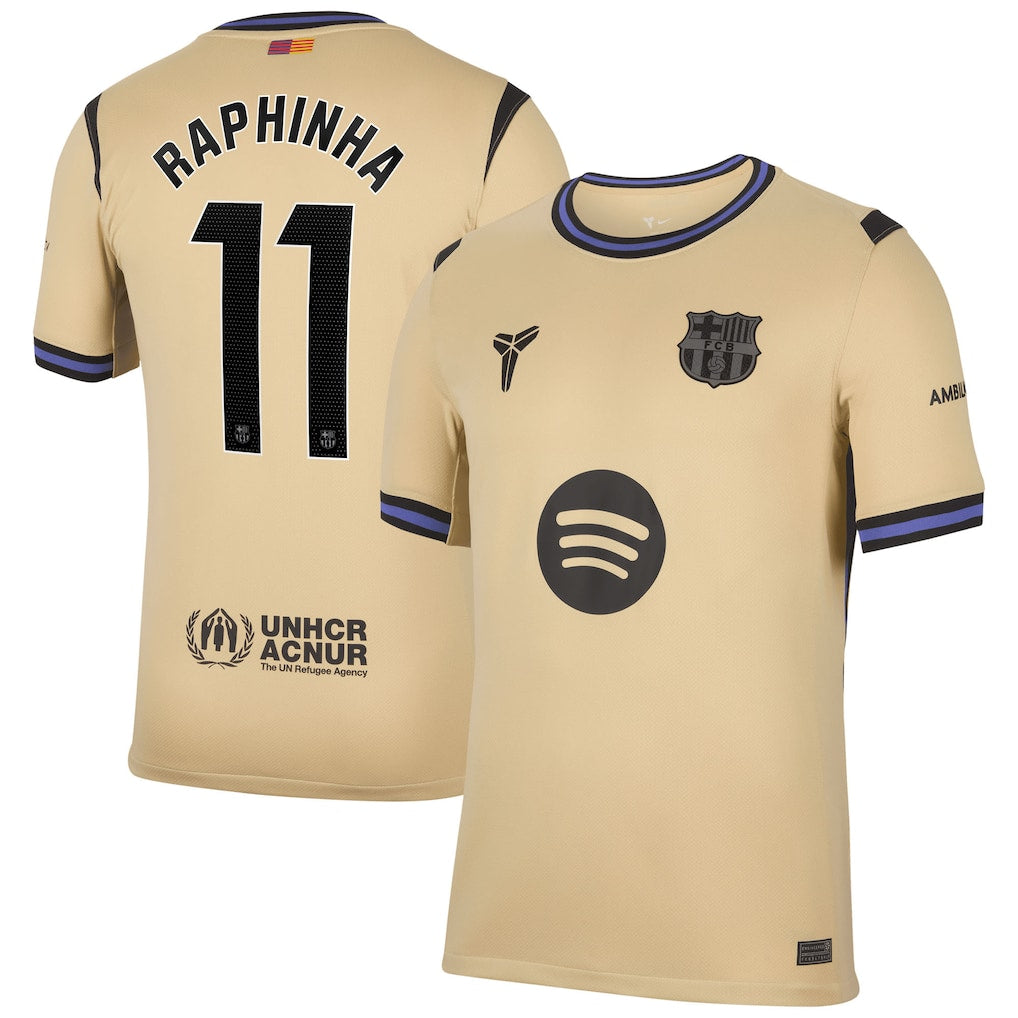 Barcelona Away Kit Raphinha #11 2025/26 (La Liga) – beige retro football jersey detail view