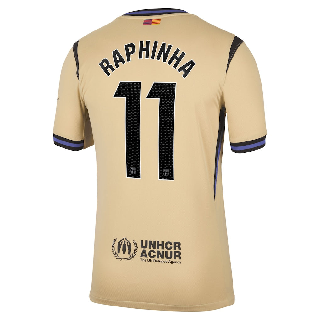Barcelona Away Kit Raphinha #11 2025/26 (La Liga) – beige retro football jersey front view
