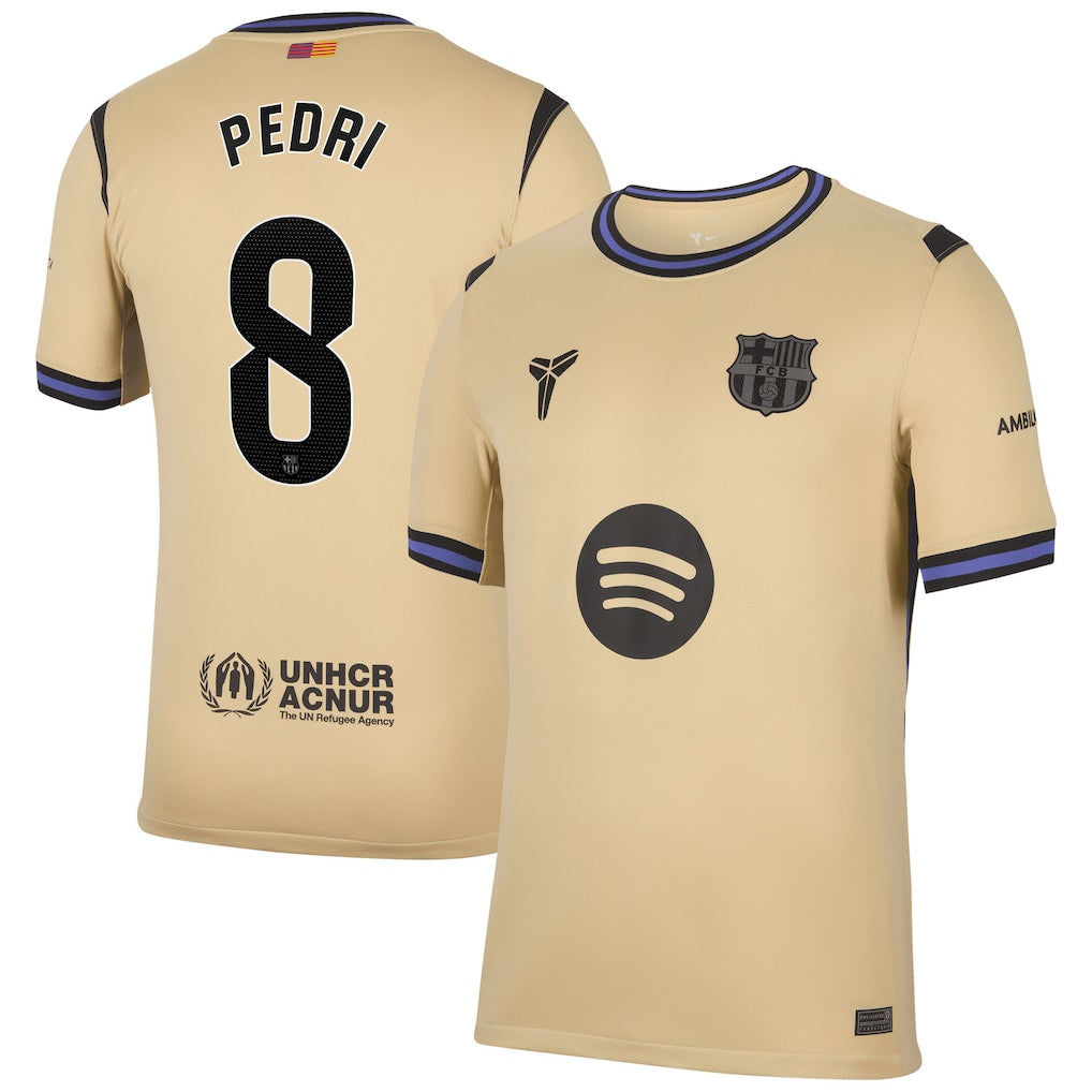 Barcelona Away Kit Pedri #8 2025/26 (La Liga) – beige retro football jersey detail view