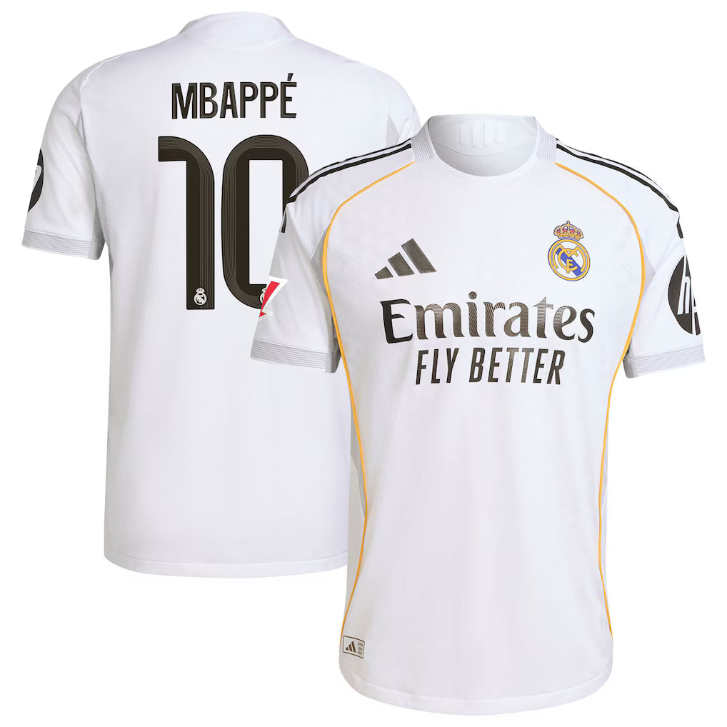 Real Madrid Mbappé Home Kit 2025/26 (La liga) – white retro football jersey detail view