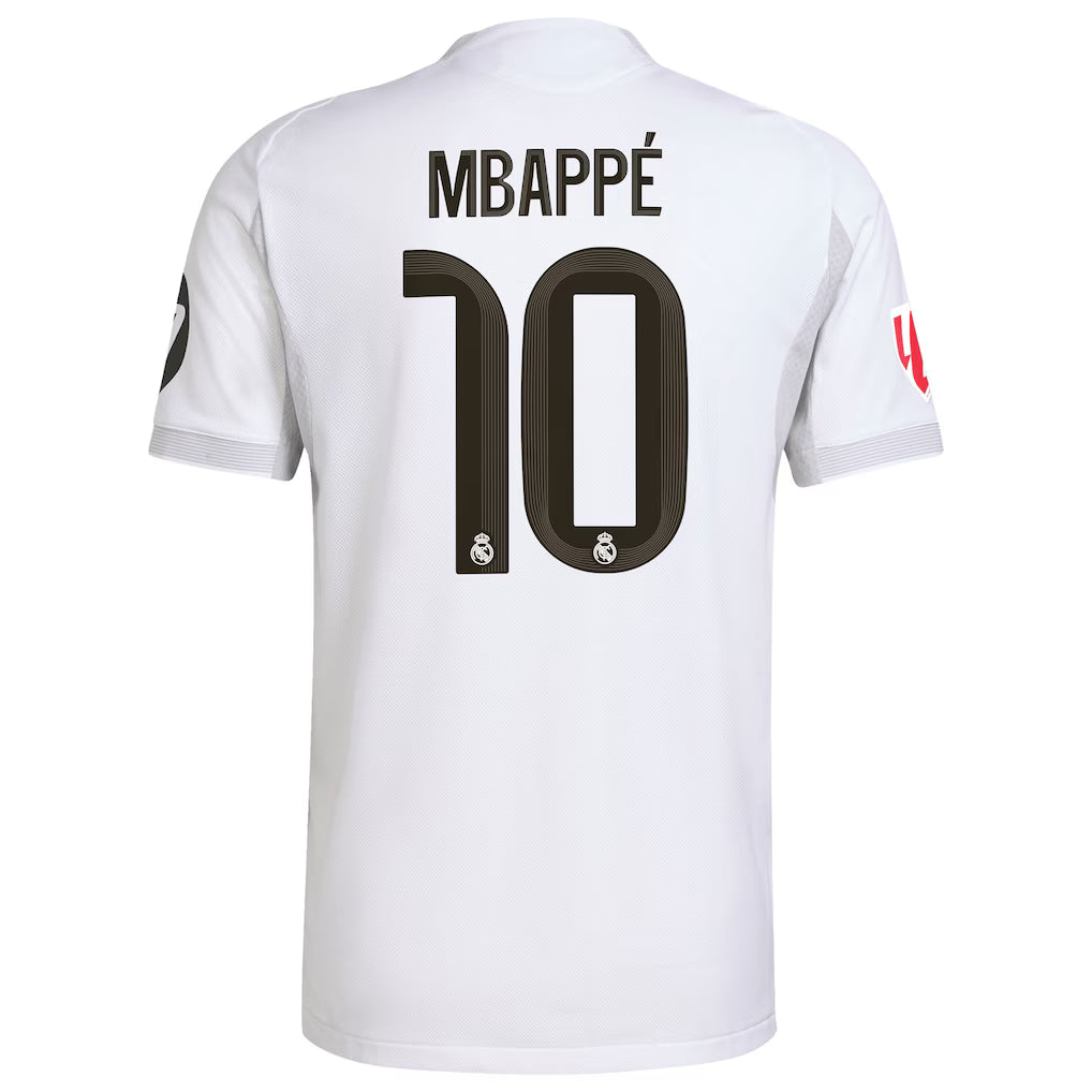 Real Madrid Mbappé Home Kit 2025/26 (La liga) – white retro football jersey front view