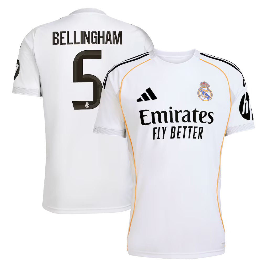 Real Madrid Bellingham Home Kit 2025/26 (La Liga) – white retro football jersey detail view