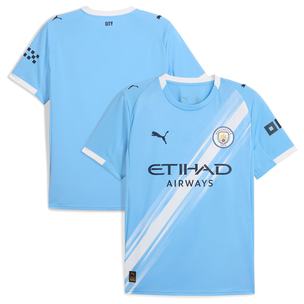 Manchester City Home Jersey 2025/26 Season – striped and blue retro football jersey detail view