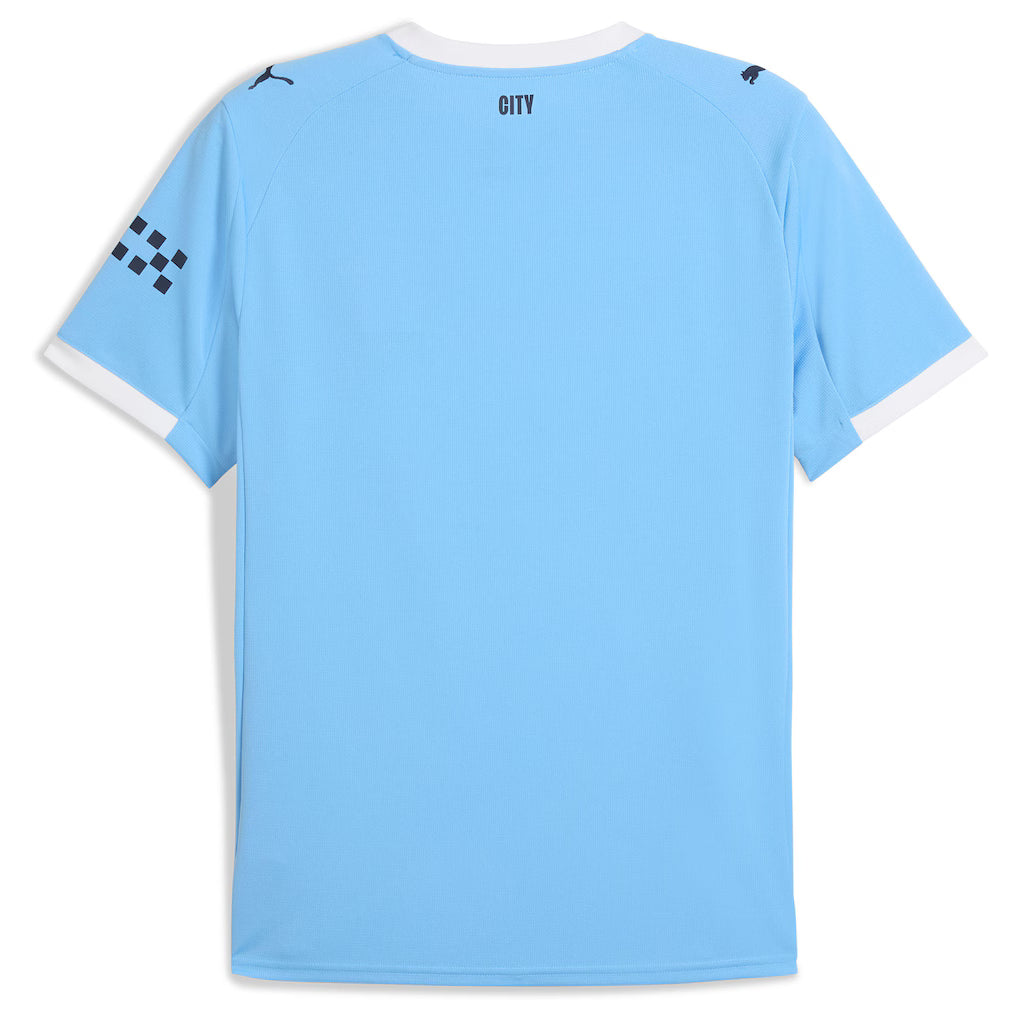 Manchester City Home Jersey 2025/26 Season – striped and blue retro football jersey back view
