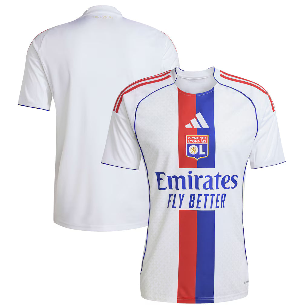 Olympique de Lyon Home Jersey - 2025/2026 Season – striped and white retro football jersey detail view
