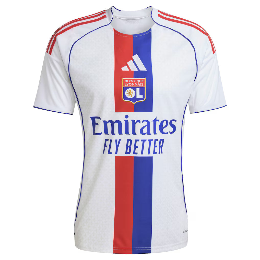 Olympique de Lyon Home Jersey - 2025/2026 Season – striped and white retro football jersey front view
