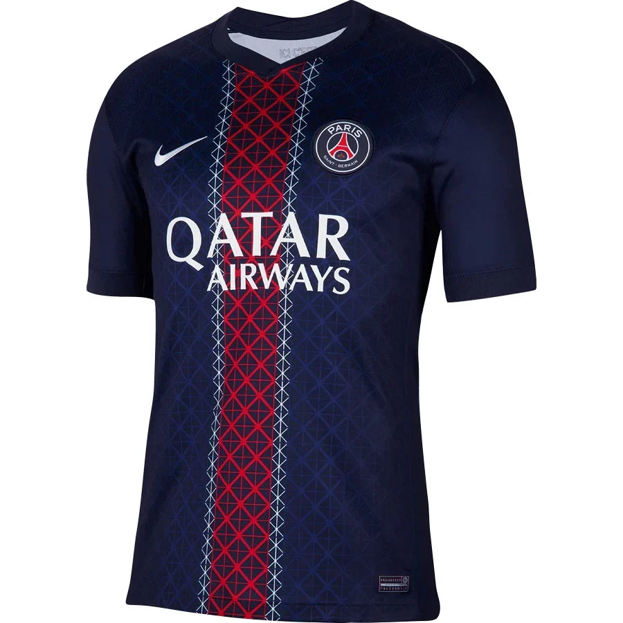 PSG Home Jersey 2025/26 – geometric and navy retro football jersey front view