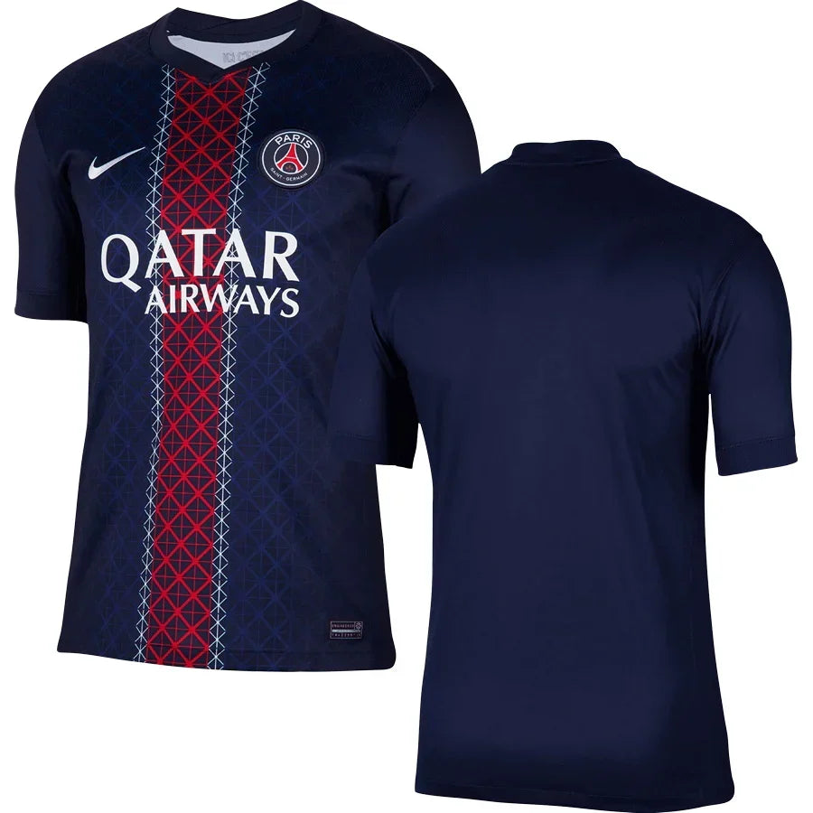PSG Home Jersey 2025/26 – geometric and navy retro football jersey detail view