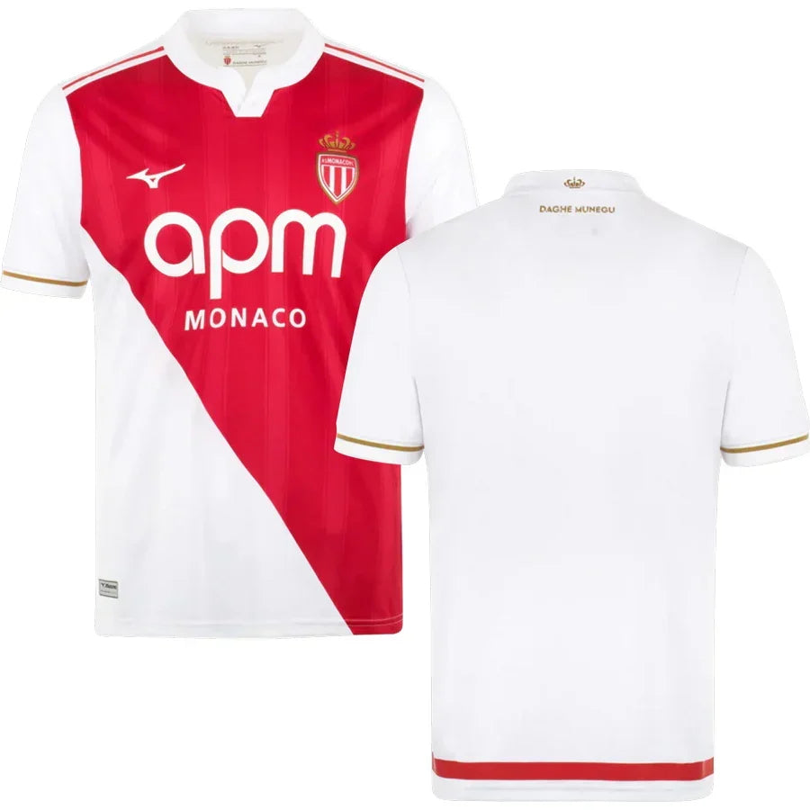 AS Monaco Home Jersey 2025/26 – red and striped retro football jersey detail view