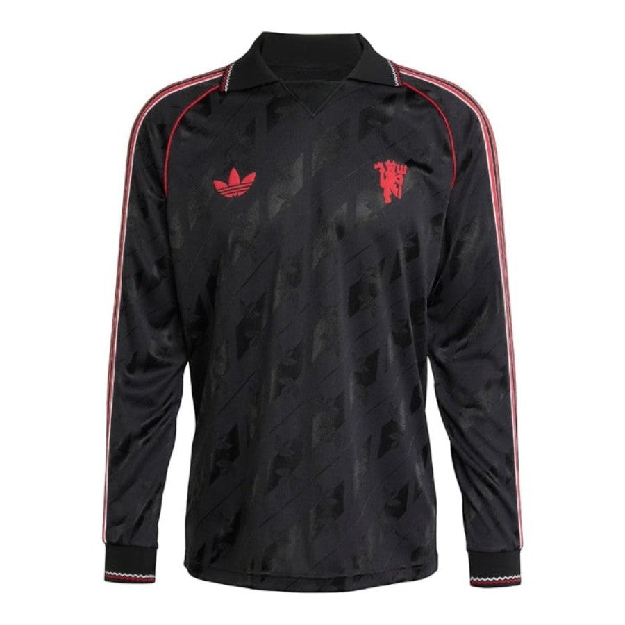 Manchester United Long Sleeve Special Jersey – black and geometric retro football jersey front view