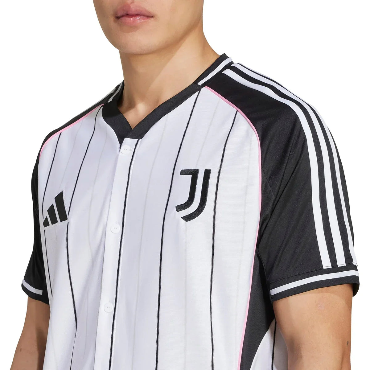 Juventus Adidas Baseball Jersey – striped and navy and white retro football jersey side view