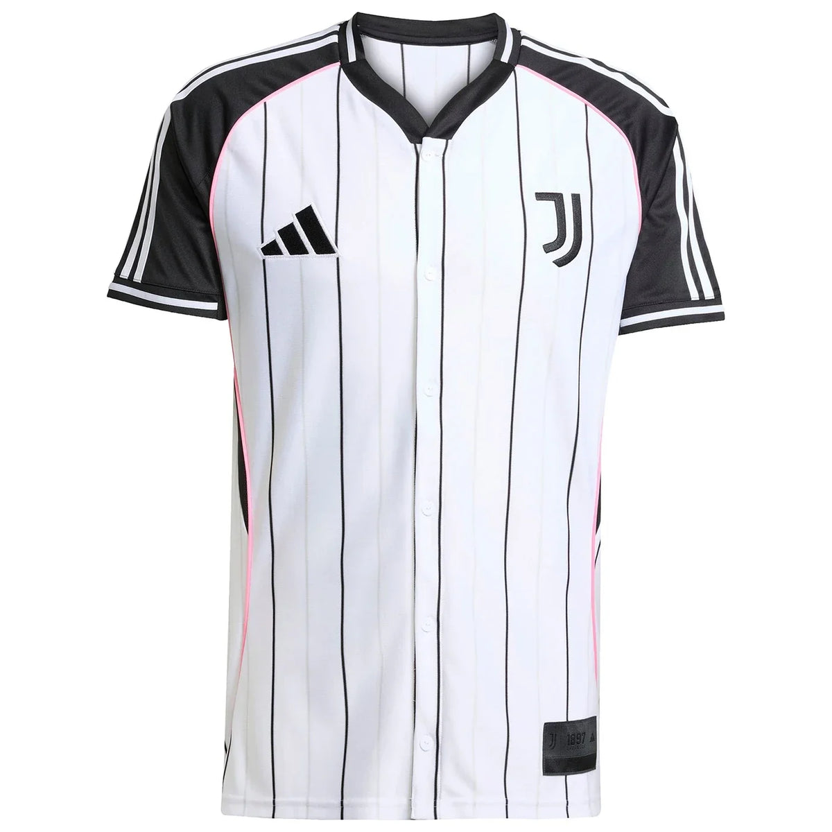 Juventus Adidas Baseball Jersey – striped and navy and white retro football jersey front view