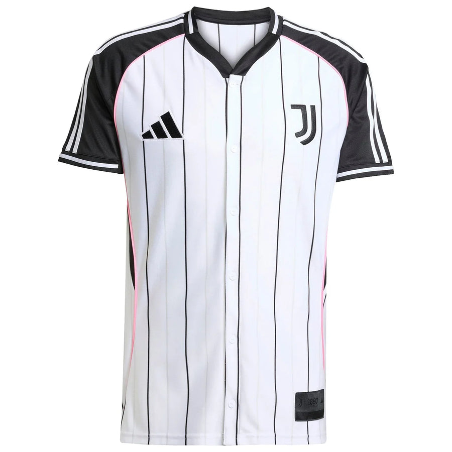 Juventus Adidas Baseball Jersey – striped and navy and white retro football jersey front view