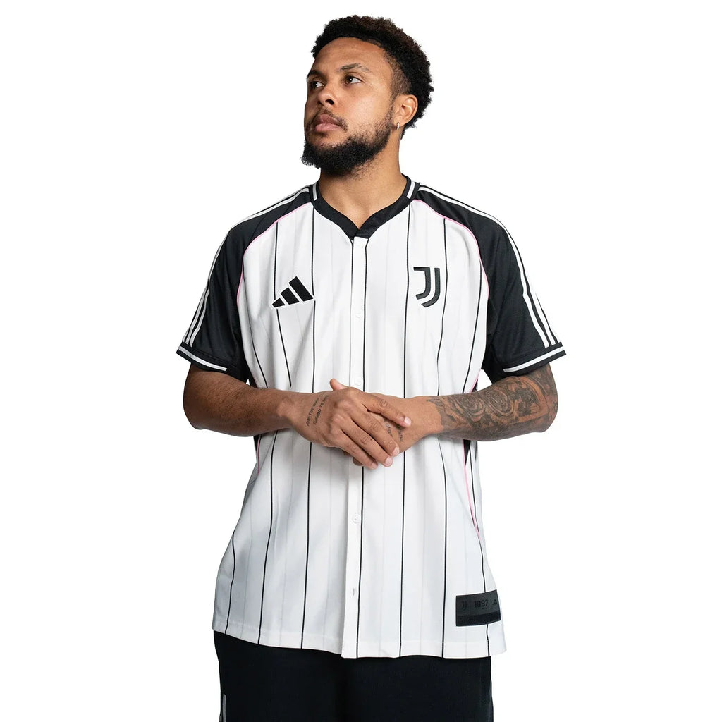 Juventus Adidas Baseball Jersey – striped and navy and white retro football jersey detail view