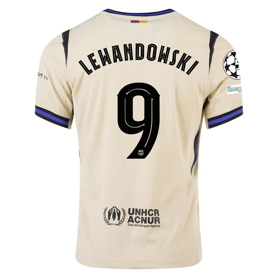 Barcelona Away Kit Lewandowski #9 2025/26 (Champions League) – beige and white and geometric retro football jersey front view