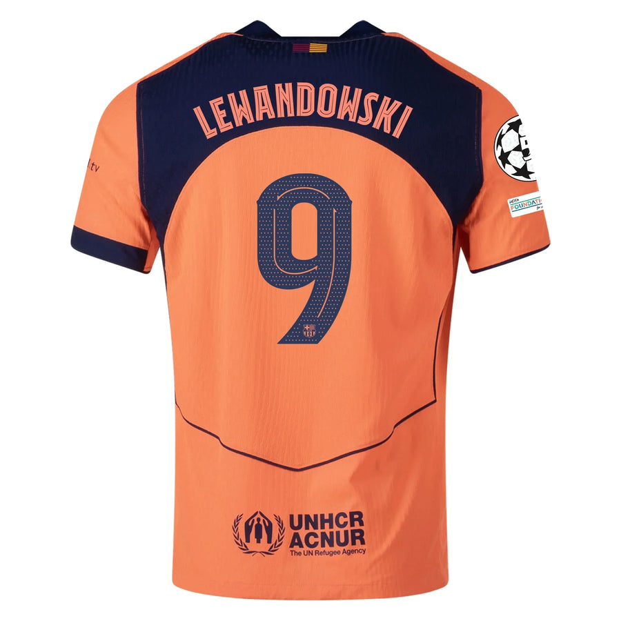 Barcelona 3rd kit Lewandowski #9 2025/26 (Champions League) – orange and geometric and striped retro football jersey front view