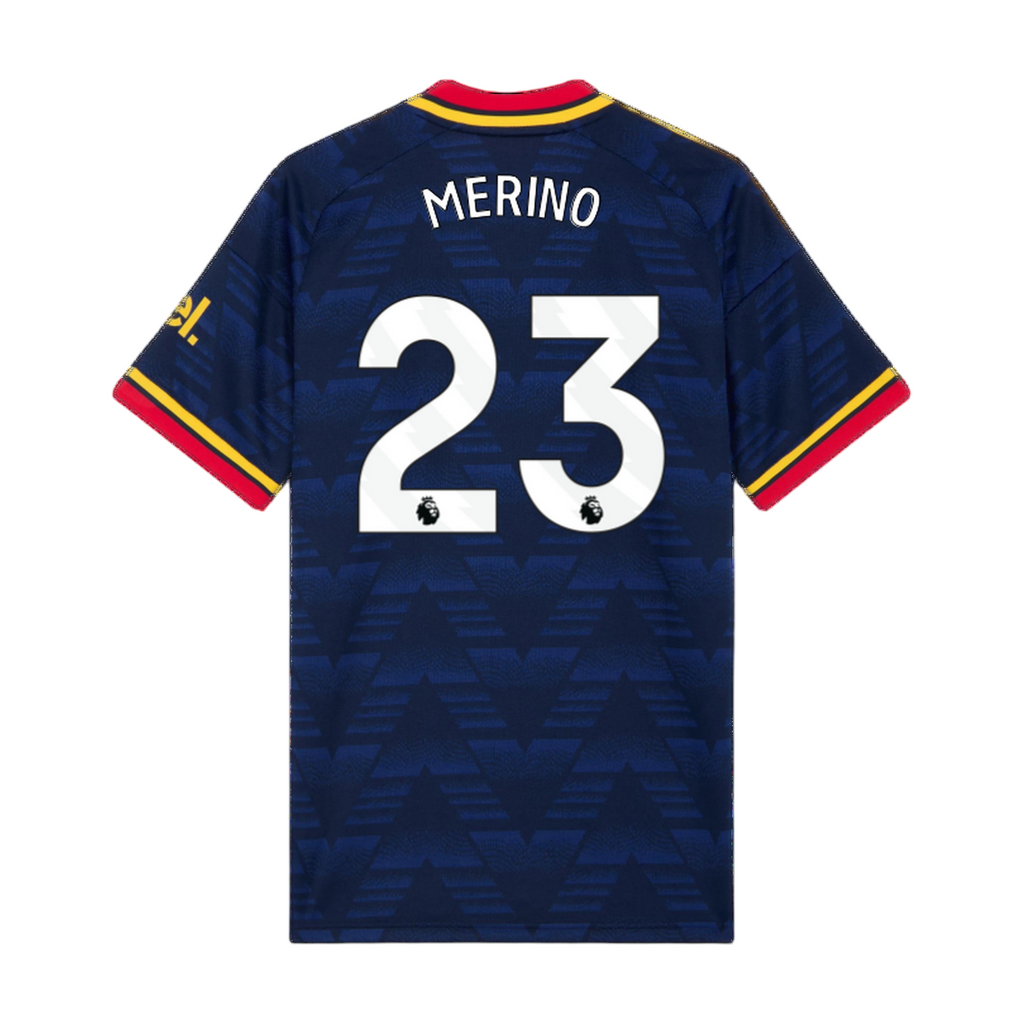 Archive Football Arsenal 2026/27 away jersey with Merino 23 name and number printing on dark blue patterned fabric