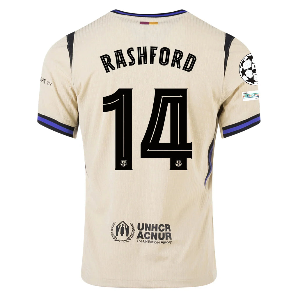 Barcelona Away Kit Rashford #14 2025/26 (Champions League) – beige and white and geometric retro football jersey front view