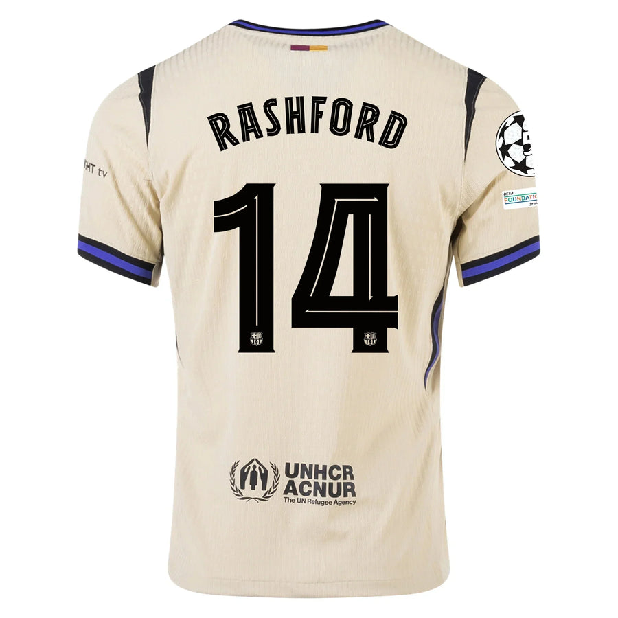 Barcelona Away Kit Rashford #14 2025/26 (Champions League) – beige and white and geometric retro football jersey front view