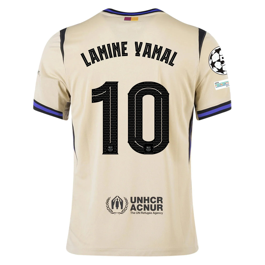Barcelona Away Kit Lamine Yamal #10 2025/26 (Champions League) – beige and white retro football jersey front view