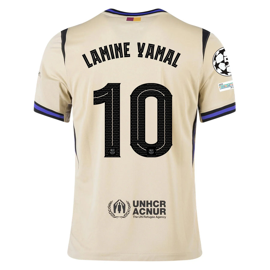 Barcelona Away Kit Lamine Yamal #10 2025/26 (Champions League) – beige and white retro football jersey front view