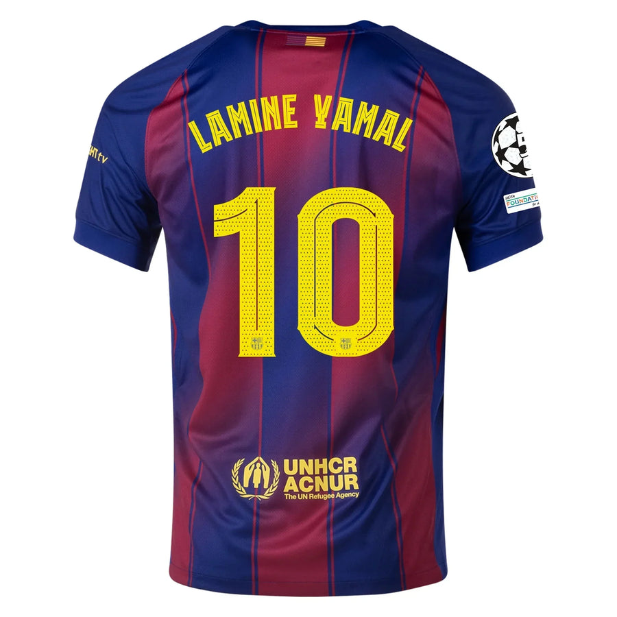 Barcelona Home Kit Lamine Yamal #10 2025/26 (Champions League) – striped retro football jersey front view