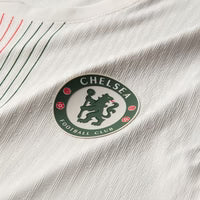Chelsea Away Kit 2025/26 WC Champions – geometric and blue retro football jersey detail view