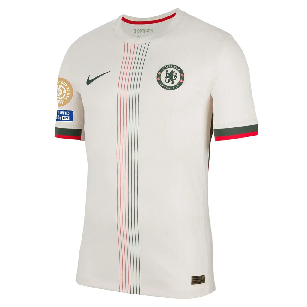 Chelsea Away Kit 2025/26 WC Champions – geometric and blue retro football jersey front view