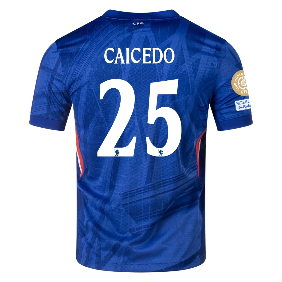 Chelsea Moisés Caicedo Home Kit 2025/26 WC Champions – geometric and blue retro football jersey front view
