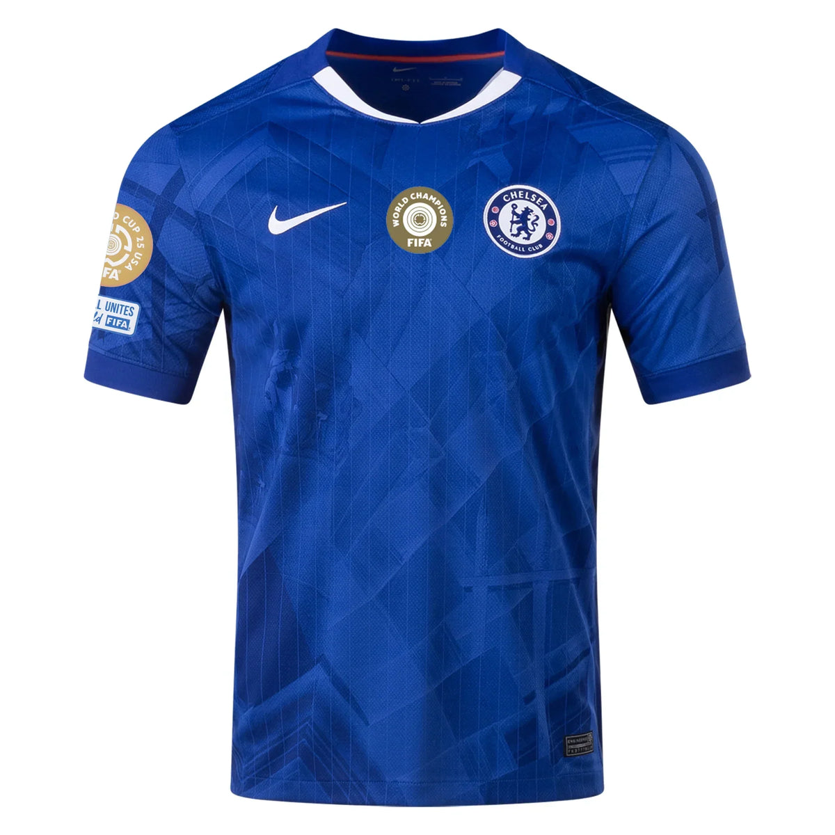Chelsea Home Kit 2025/26 WC Champions – geometric and blue retro football jersey front view