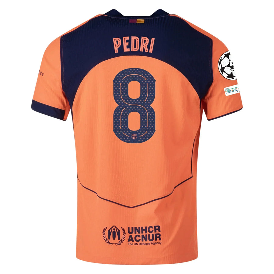 Barcelona 3rd kit Pedri #8 2025/26 (Champions League) – orange and geometric retro football jersey front view
