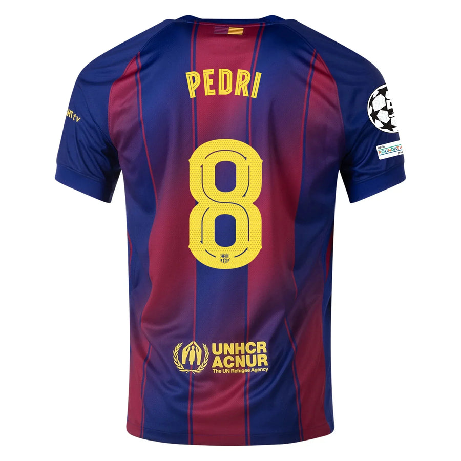 Barcelona Home kit Pedri #8 2025/26 (Champions League) – striped retro football jersey front view