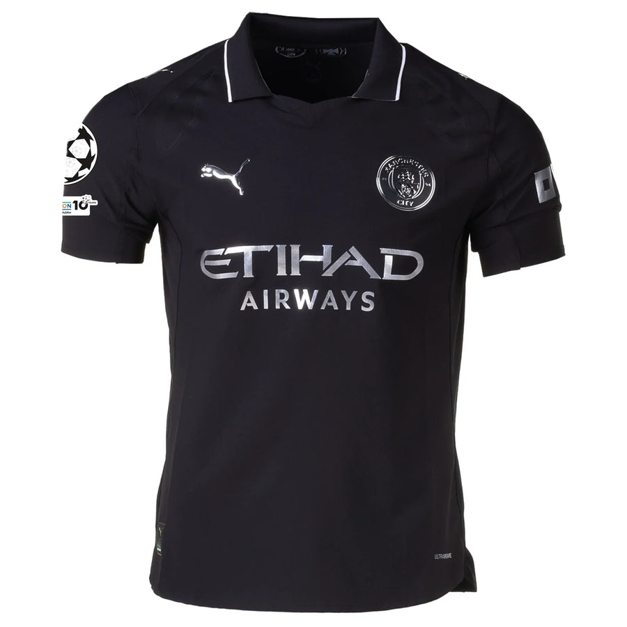 Manchester City Away Kit 25/26 Player Version - (Champions League) – striped and black retro football jersey front view