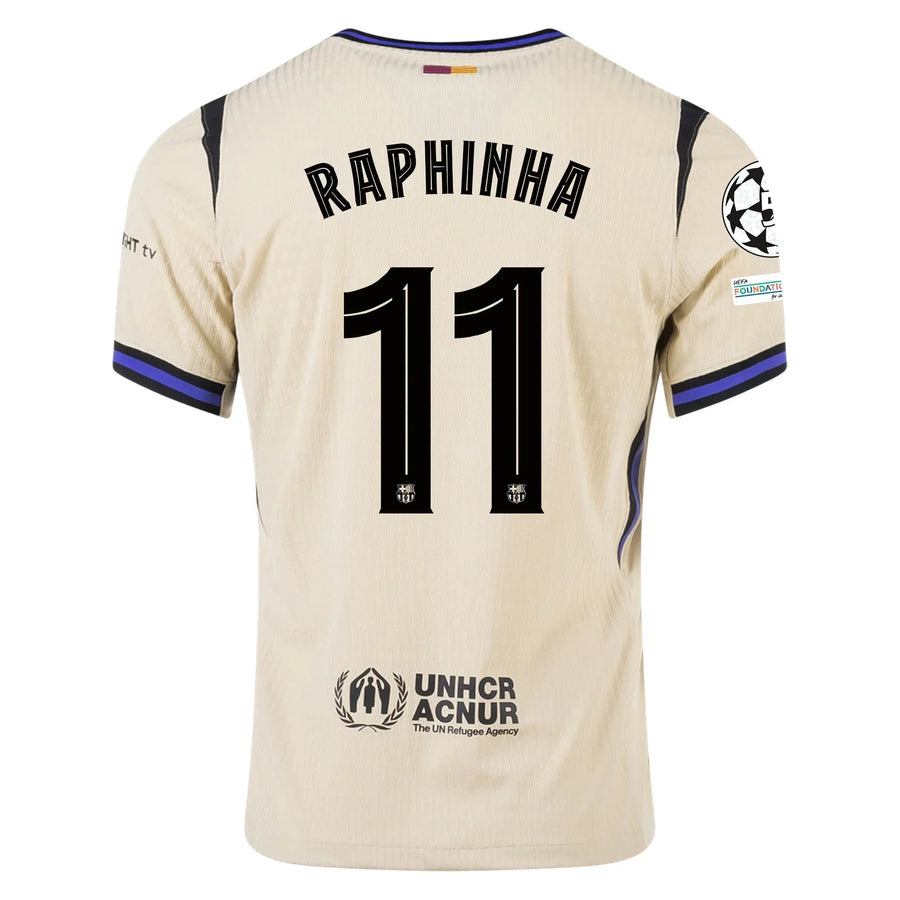 Barcelona Away Kit Raphinha #11 2025/26 (Champions League) – beige and white retro football jersey front view