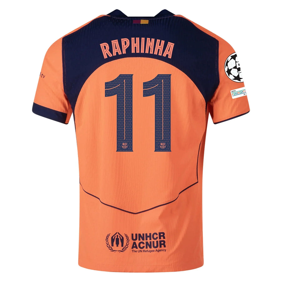 Barcelona 3rd kit Raphinha 2025/26 (Champions League) – orange and geometric retro football jersey front view
