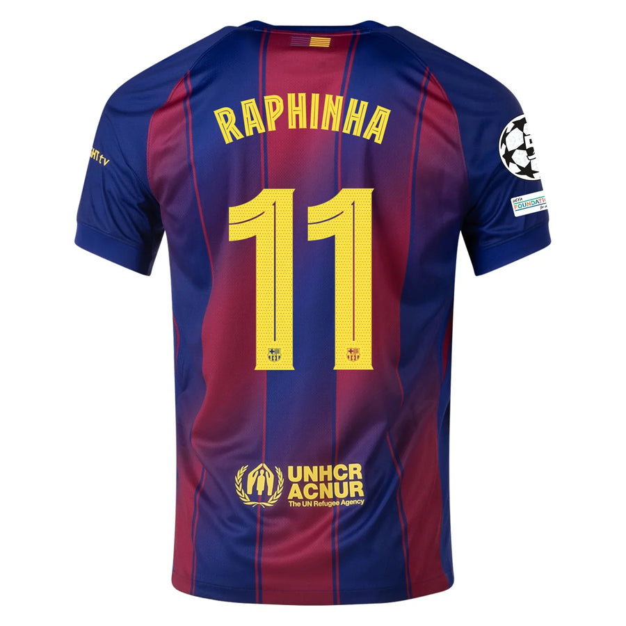 Barcelona Home Kit Raphinha #11 2025/2026 (Champions League) – beige and white retro football jersey front view