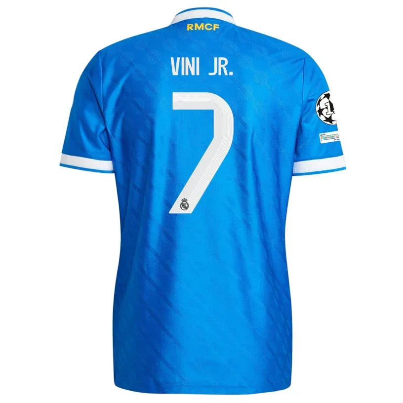 Real Madrid Vinicius Jr 3rd Kit 2025/26 (Champions League) – white and blue and geometric retro football jersey front view