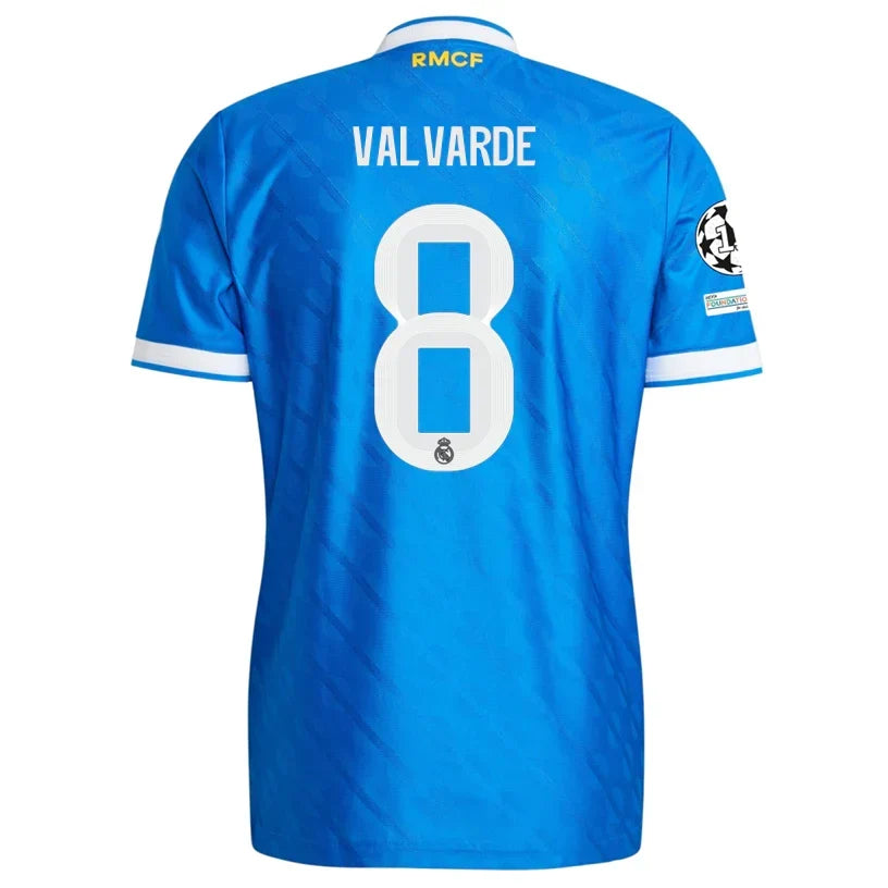 Real Madrid Valverde 3rd Kit 2025/26 (Champions League) – white and blue and geometric retro football jersey front view