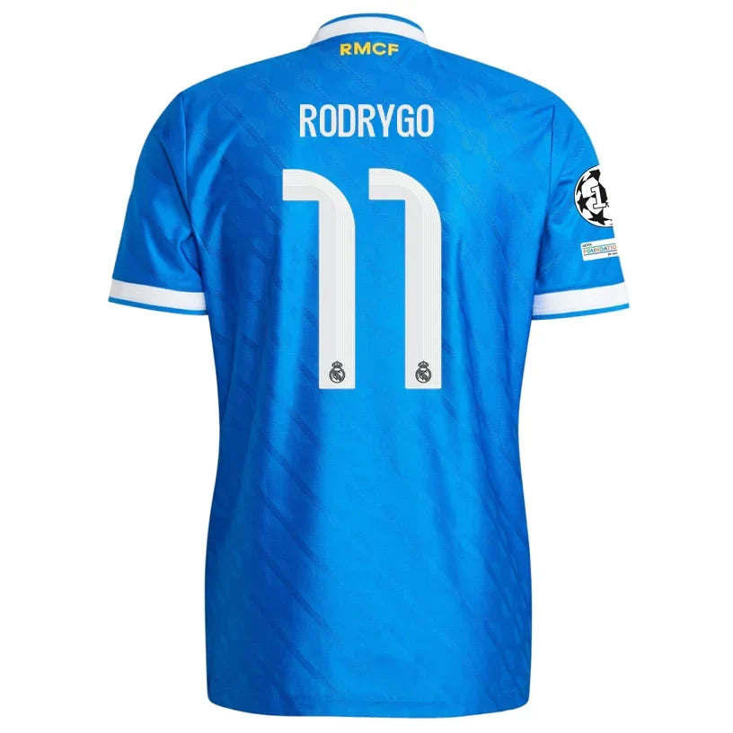 Real Madrid Rodrygo 3rd Kit 2025/26 (Champions League) – white and blue and geometric retro football jersey front view
