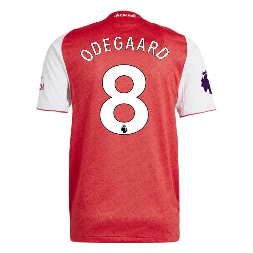 Arsenal Home Kit Ødegaard #8 2025/26 (Premier League) – red and geometric retro football jersey front view