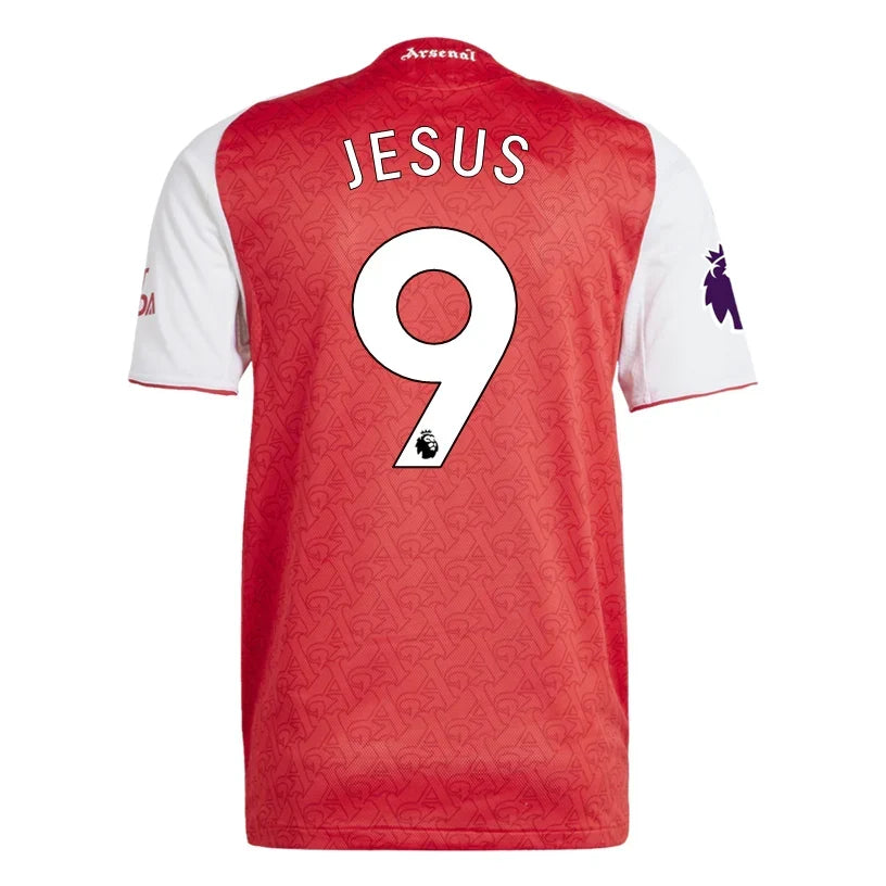 Arsenal Home Kit Gabriel Jesus #9 2025/26 (Premier League) – red and geometric retro football jersey front view