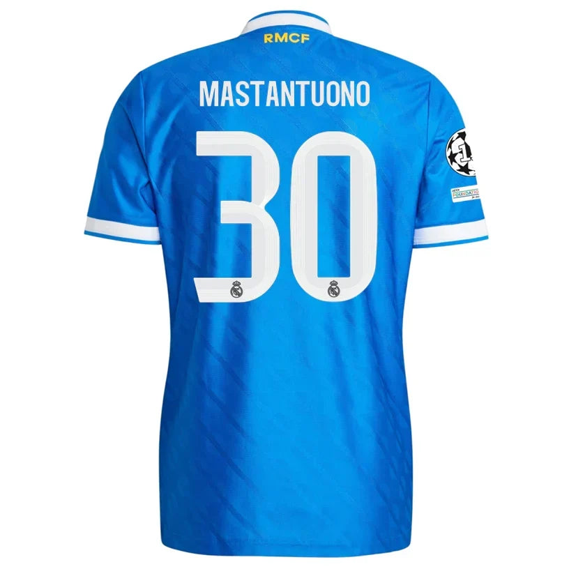 Real Madrid Mastantuono 3rd Kit 2025/26 (Champions League) – white and blue and geometric retro football jersey front view