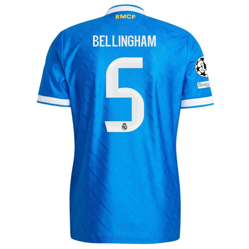 Real Madrid Bellingham 3rd Kit 2025/26 (Champions League) – white and blue and geometric retro football jersey front view